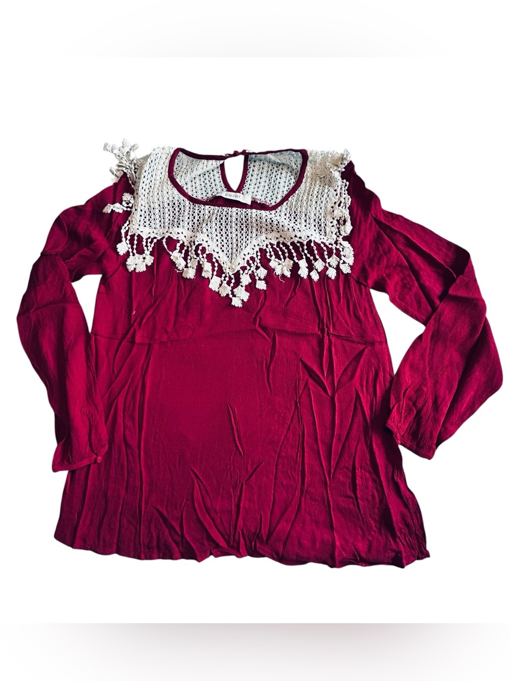 entro Crimson Long-Sleeve Tunic with White Crochet Yoke